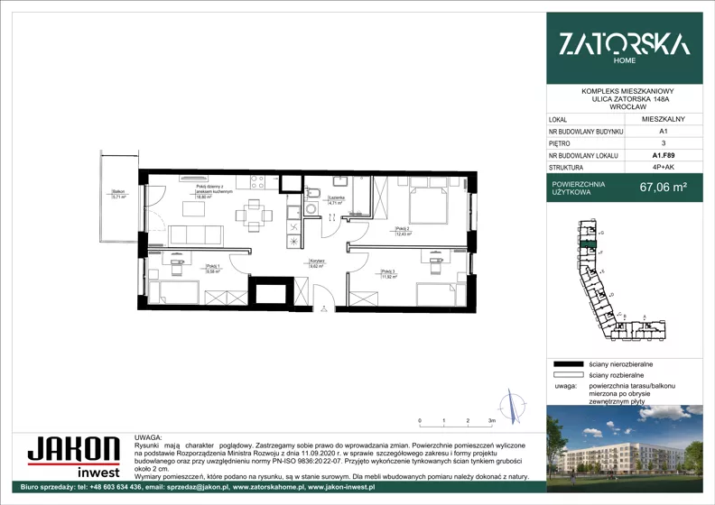 4 pokoje, mieszkanie 67,06 m², piętro 3, oferta nr A1.F89, Zatorska Home, Wrocław, Psie Pole-Zawidawie, Zakrzów, ul. Zatorska 146-150