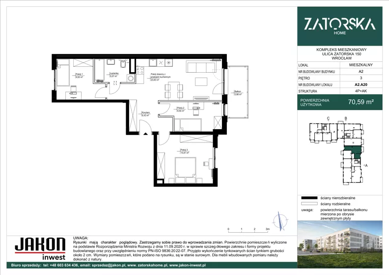 4 pokoje, mieszkanie 70,59 m², piętro 3, oferta nr A2.A20, Zatorska Home, Wrocław, Psie Pole-Zawidawie, Zakrzów, ul. Zatorska 146-150