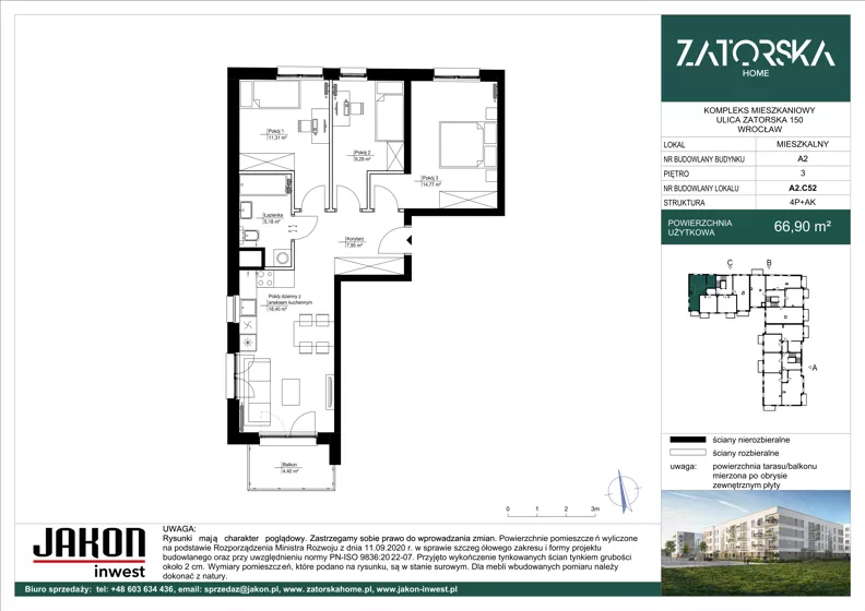 4 pokoje, mieszkanie 66,90 m², piętro 3, oferta nr A2.C52, Zatorska Home, Wrocław, Psie Pole-Zawidawie, Zakrzów, ul. Zatorska 146-150