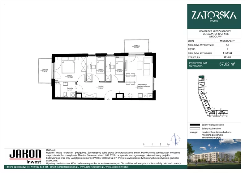 4 pokoje, mieszkanie 57,02 m², piętro 3, oferta nr A1.G101, Zatorska Home, Wrocław, Psie Pole-Zawidawie, Zakrzów, ul. Zatorska 146-150