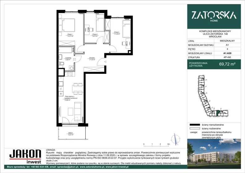 4 pokoje, mieszkanie 69,72 m², piętro 4, oferta nr A1.A20, Zatorska Home, Wrocław, Psie Pole-Zawidawie, Zakrzów, ul. Zatorska 146-150