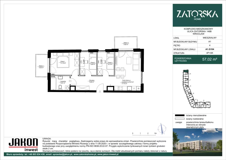 4 pokoje, mieszkanie 57,02 m², piętro 4, oferta nr A1.G104, Zatorska Home, Wrocław, Psie Pole-Zawidawie, Zakrzów, ul. Zatorska 146-150