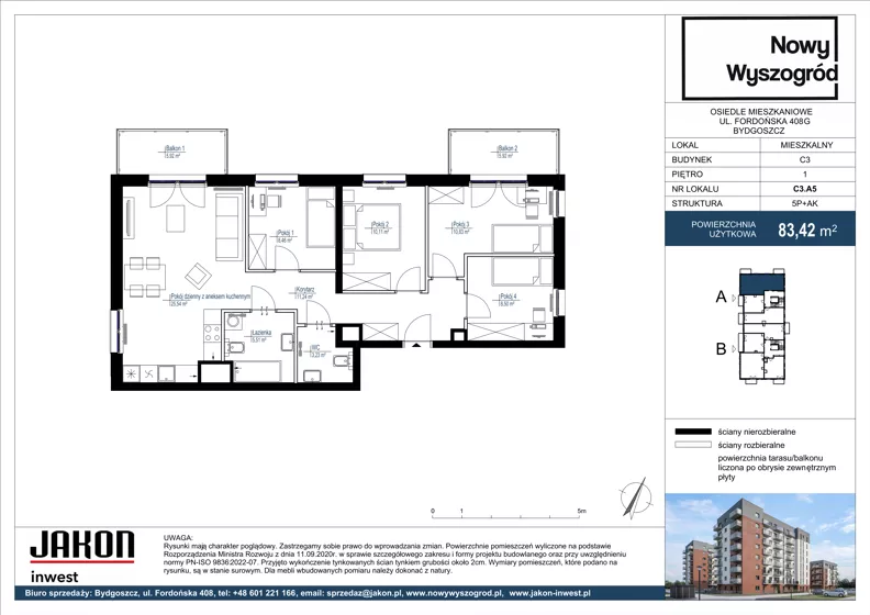 5 pokoi, mieszkanie 83,42 m², piętro 1, oferta nr C3.A5, Nowy Wyszogród, Bydgoszcz, Stary Fordon, ul. Fordońska 408