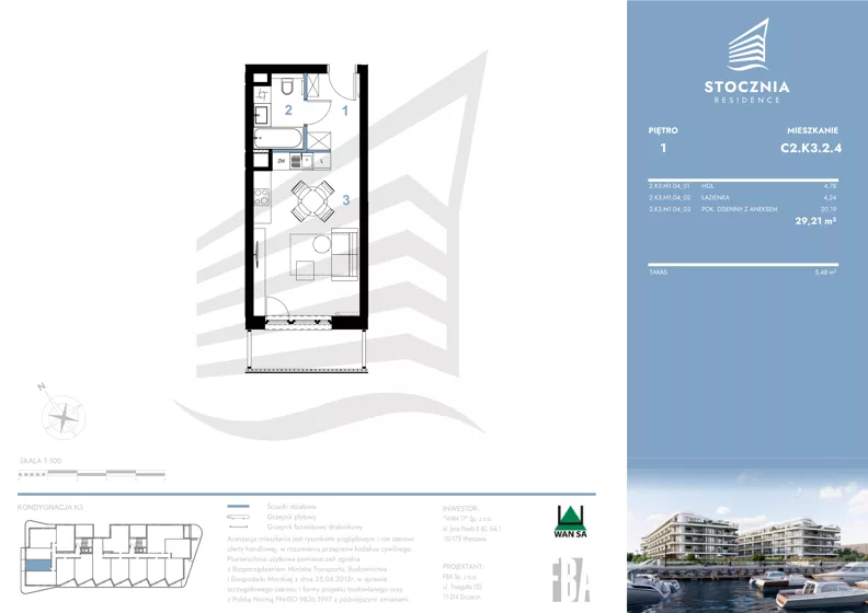 1 pokój, mieszkanie 29,21 m², piętro 1, oferta nr K3.2.4, Stocznia Residence, Płock, ul. Popłacińska 42