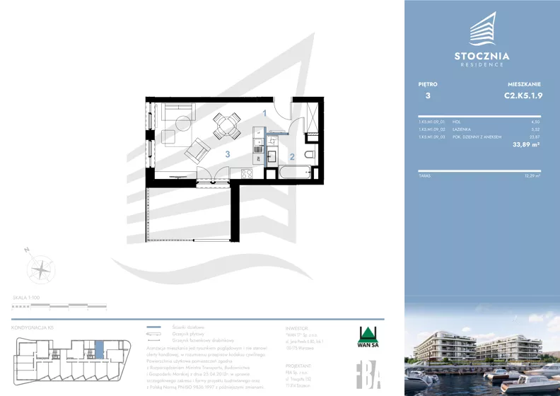 1 pokój, mieszkanie 33,89 m², piętro 3, oferta nr K5.1.9, Stocznia Residence, Płock, ul. Popłacińska 42