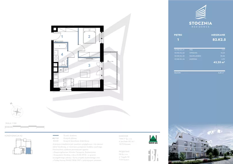 2 pokoje, mieszkanie 43,25 m², piętro 1, oferta nr K2.05, Stocznia Residence, Płock, ul. Popłacińska 42