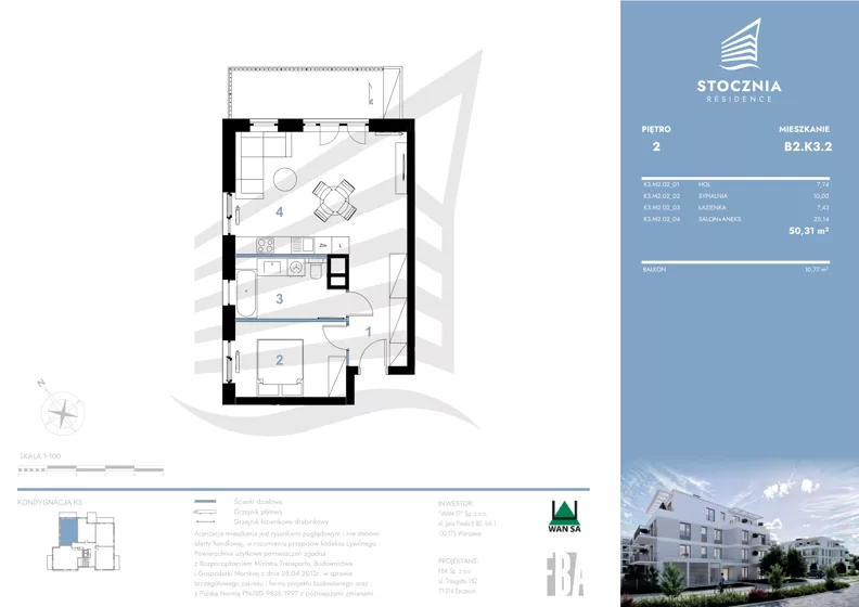 2 pokoje, mieszkanie 50,31 m², piętro 2, oferta nr K3.02, Stocznia Residence, Płock, ul. Popłacińska 42