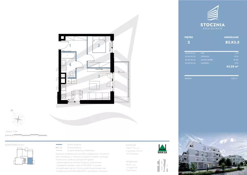 2 pokoje, mieszkanie 43,25 m², piętro 2, oferta nr K3.05, Stocznia Residence, Płock, ul. Popłacińska 42