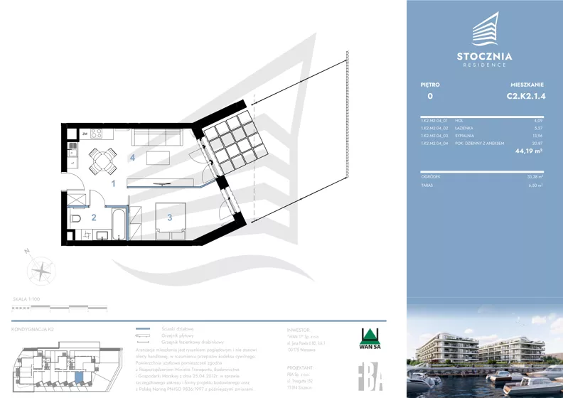 2 pokoje, mieszkanie 44,19 m², parter, oferta nr K2.1.4, Stocznia Residence, Płock, ul. Popłacińska 42