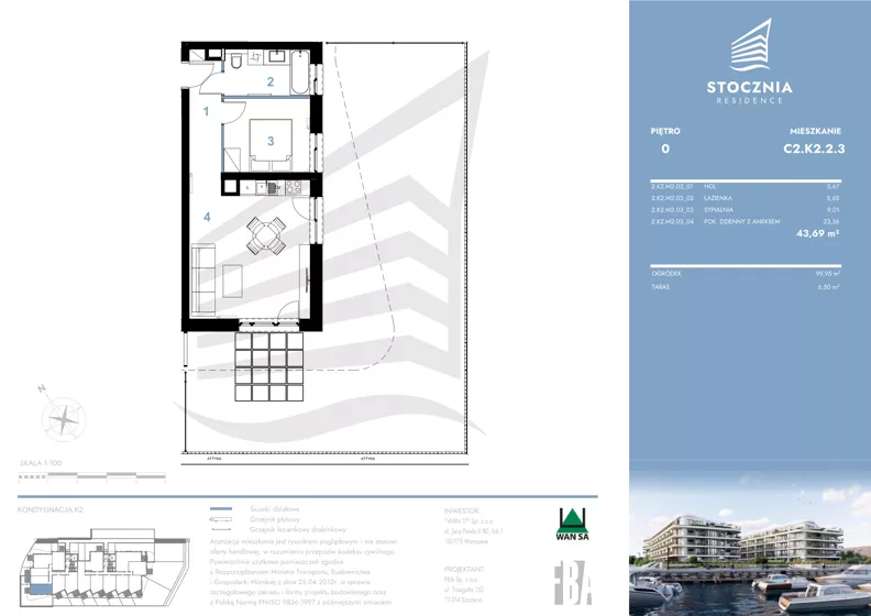 2 pokoje, mieszkanie 43,69 m², parter, oferta nr K2.2.3, Stocznia Residence, Płock, ul. Popłacińska 42