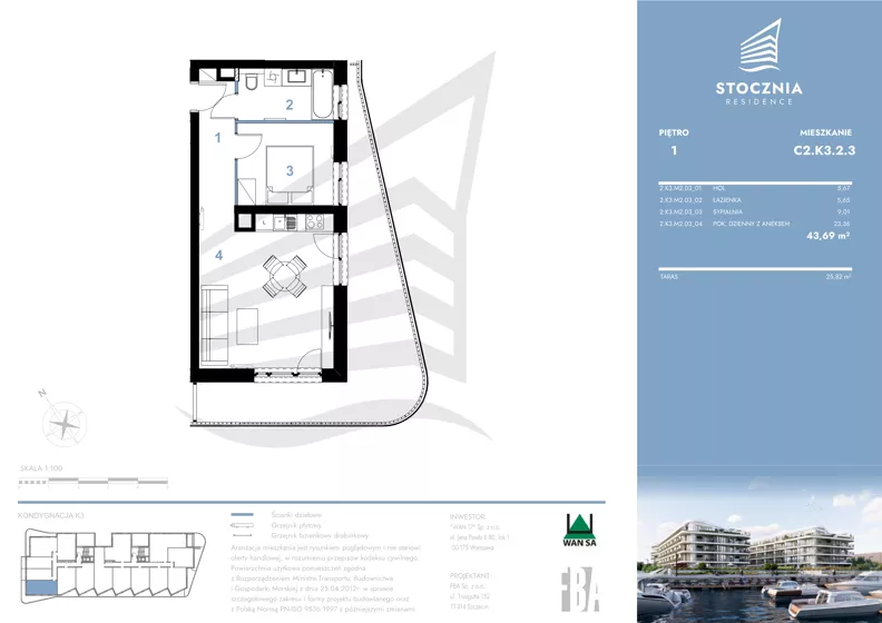 2 pokoje, mieszkanie 43,69 m², piętro 1, oferta nr K3.2.3, Stocznia Residence, Płock, ul. Popłacińska 42