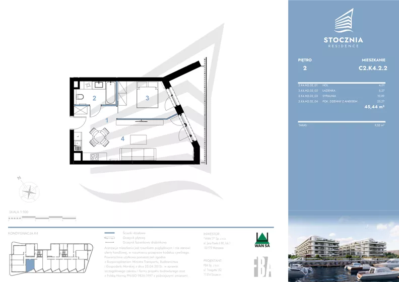 2 pokoje, mieszkanie 45,44 m², piętro 2, oferta nr K4.2.2, Stocznia Residence, Płock, ul. Popłacińska 42