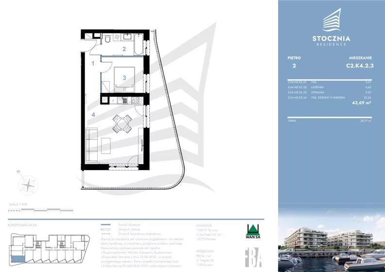 2 pokoje, mieszkanie 43,69 m², piętro 2, oferta nr K4.2.3, Stocznia Residence, Płock, ul. Popłacińska 42