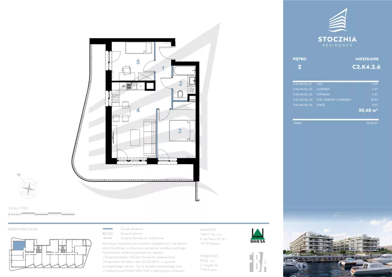 2 pokoje, mieszkanie 50,68 m², piętro 2, oferta nr K4.2.6, Stocznia Residence, Płock, ul. Popłacińska 42