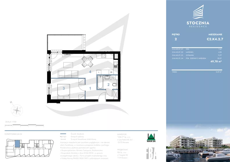 2 pokoje, mieszkanie 49,78 m², piętro 2, oferta nr K4.2.7, Stocznia Residence, Płock, ul. Popłacińska 42