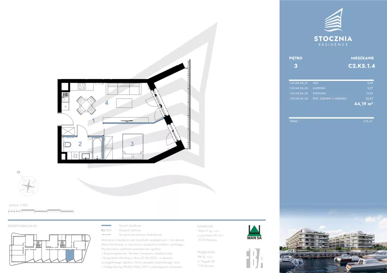 2 pokoje, mieszkanie 44,19 m², piętro 3, oferta nr K5.1.4, Stocznia Residence, Płock, ul. Popłacińska 42