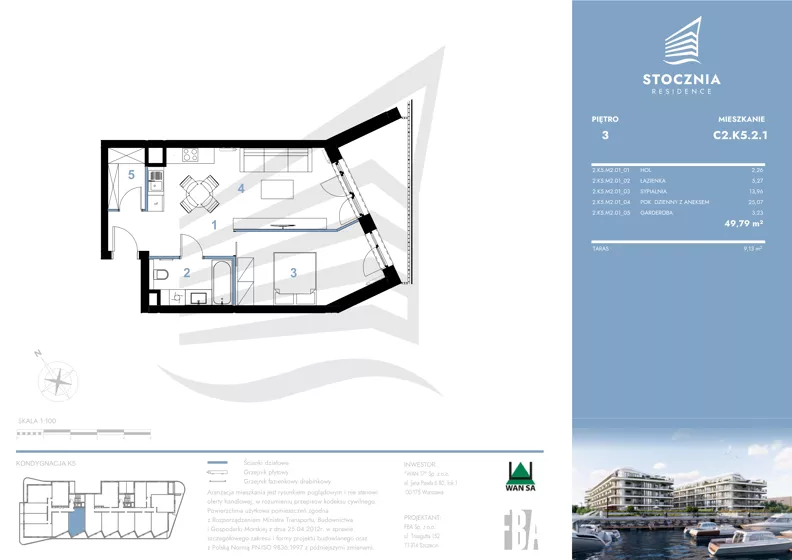 2 pokoje, mieszkanie 49,79 m², piętro 3, oferta nr K5.2.1, Stocznia Residence, Płock, ul. Popłacińska 42