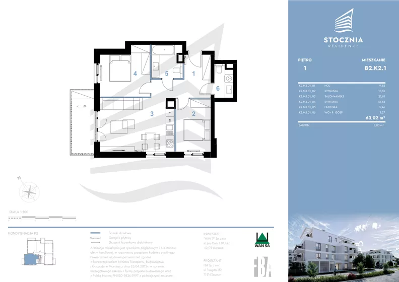 3 pokoje, mieszkanie 63,02 m², piętro 1, oferta nr K2.01, Stocznia Residence, Płock, ul. Popłacińska 42