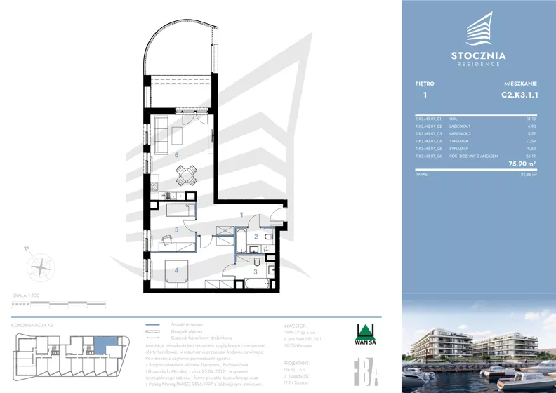 3 pokoje, mieszkanie 75,90 m², piętro 1, oferta nr K3.1.1, Stocznia Residence, Płock, ul. Popłacińska 42