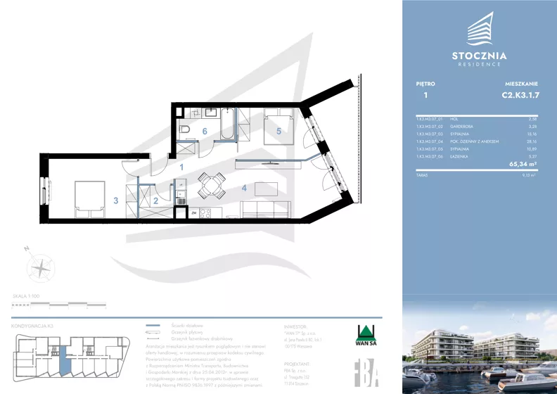 3 pokoje, mieszkanie 65,34 m², piętro 1, oferta nr K3.1.7, Stocznia Residence, Płock, ul. Popłacińska 42