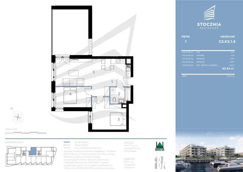 3 pokoje, mieszkanie 63,63 m², piętro 1, oferta nr K3.1.8, Stocznia Residence, Płock, ul. Popłacińska 42