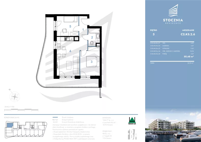3 pokoje, mieszkanie 50,68 m², piętro 3, oferta nr K5.2.6, Stocznia Residence, Płock, ul. Popłacińska 42