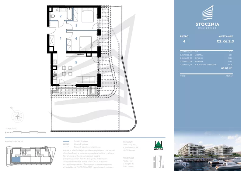 3 pokoje, mieszkanie 61,51 m², piętro 4, oferta nr K6.2.3, Stocznia Residence, Płock, ul. Popłacińska 42