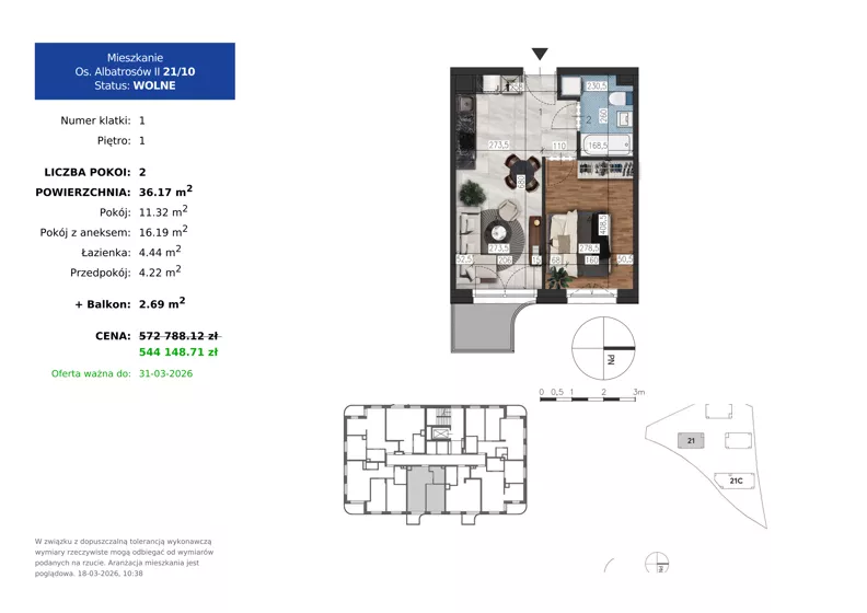 2 pokoje, mieszkanie 36,17 m², piętro 1, oferta nr 21.10, Osiedle Albatrosów II, Kraków, Podgórze, Rybitwy, ul. Albatrosów 21