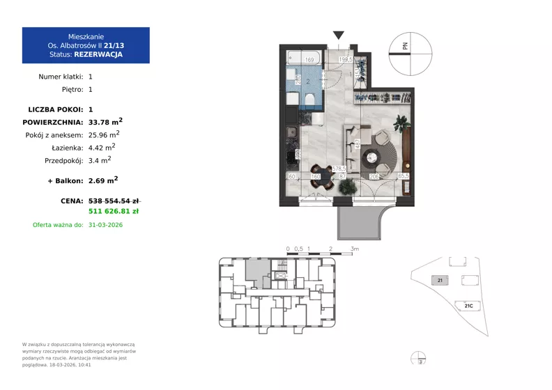 1 pokój, mieszkanie 33,78 m², piętro 1, oferta nr 21.13, Osiedle Albatrosów II, Kraków, Podgórze, Rybitwy, ul. Albatrosów 21