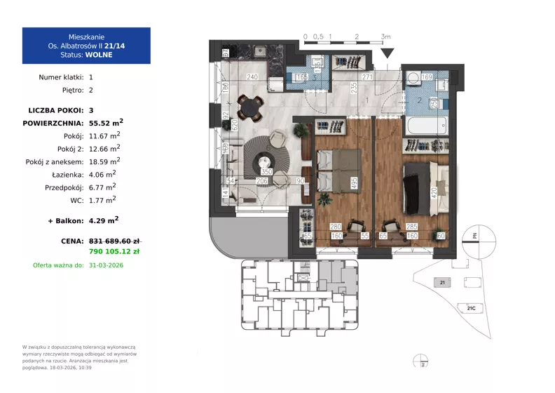 3 pokoje, mieszkanie 55,52 m², piętro 2, oferta nr 21.14, Osiedle Albatrosów II, Kraków, Podgórze, Rybitwy, ul. Albatrosów 21