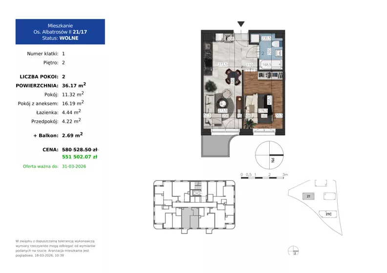 2 pokoje, mieszkanie 36,17 m², piętro 2, oferta nr 21.17, Osiedle Albatrosów II, Kraków, Podgórze, Rybitwy, ul. Albatrosów 21