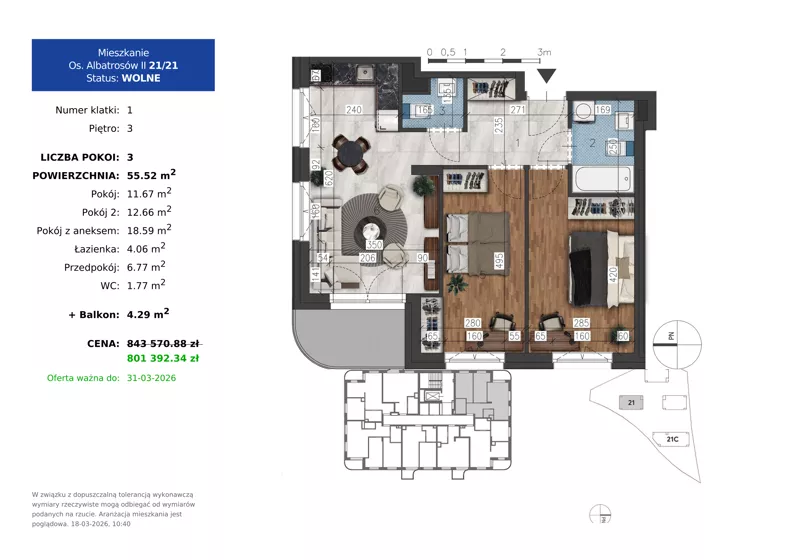 3 pokoje, mieszkanie 55,52 m², piętro 3, oferta nr 21.21, Osiedle Albatrosów II, Kraków, Podgórze, Rybitwy, ul. Albatrosów 21