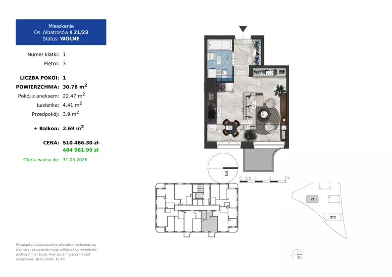 1 pokój, mieszkanie 30,78 m², piętro 3, oferta nr 21.23, Osiedle Albatrosów II, Kraków, Podgórze, Rybitwy, ul. Albatrosów 21
