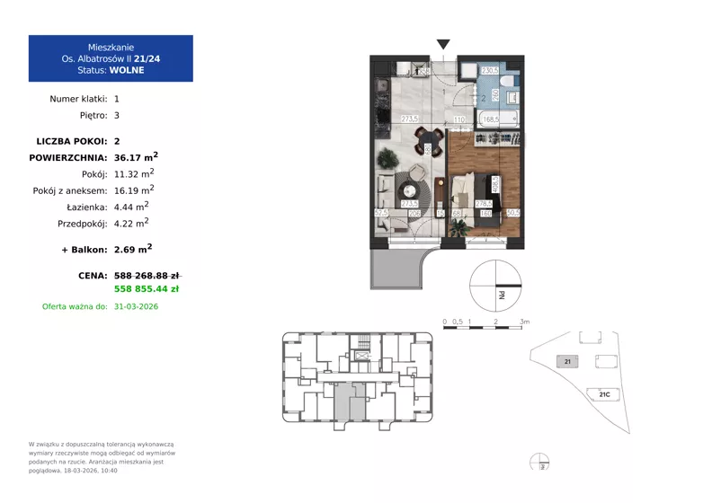 2 pokoje, mieszkanie 36,17 m², piętro 3, oferta nr 21.24, Osiedle Albatrosów II, Kraków, Podgórze, Rybitwy, ul. Albatrosów 21