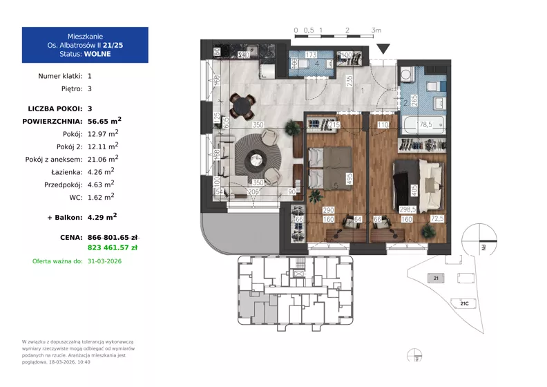 3 pokoje, mieszkanie 56,65 m², piętro 3, oferta nr 21.25, Osiedle Albatrosów II, Kraków, Podgórze, Rybitwy, ul. Albatrosów 21