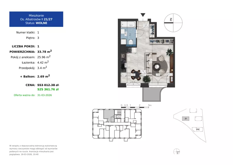1 pokój, mieszkanie 33,78 m², piętro 3, oferta nr 21.27, Osiedle Albatrosów II, Kraków, Podgórze, Rybitwy, ul. Albatrosów 21