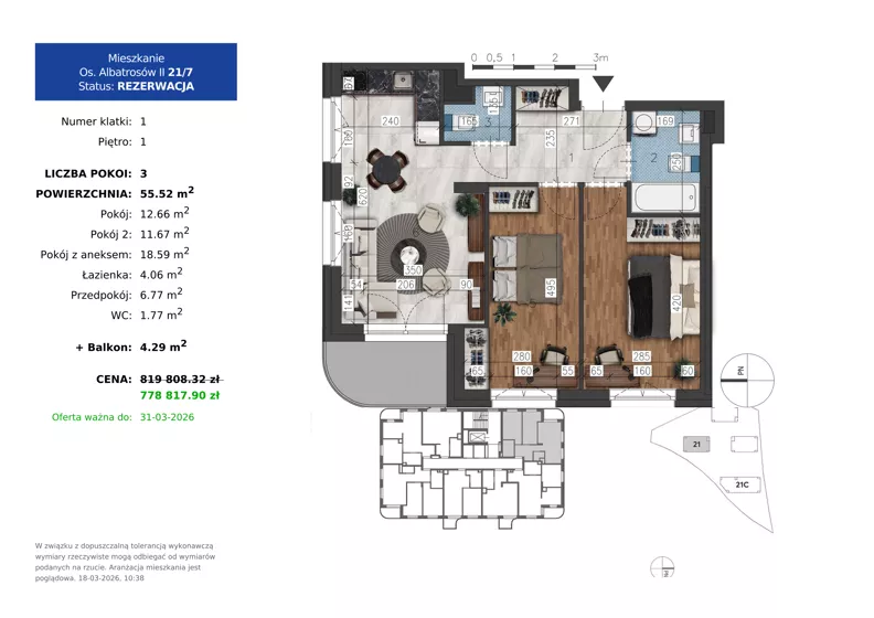 3 pokoje, mieszkanie 55,52 m², piętro 1, oferta nr 21.7, Osiedle Albatrosów II, Kraków, Podgórze, Rybitwy, ul. Albatrosów 21