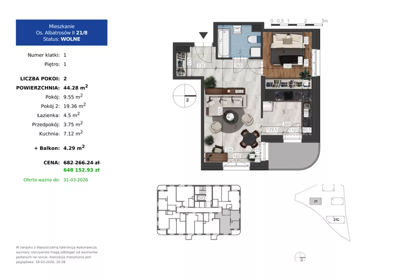 2 pokoje, mieszkanie 44,28 m², piętro 1, oferta nr 21.8, Osiedle Albatrosów II, Kraków, Podgórze, Rybitwy, ul. Albatrosów 21