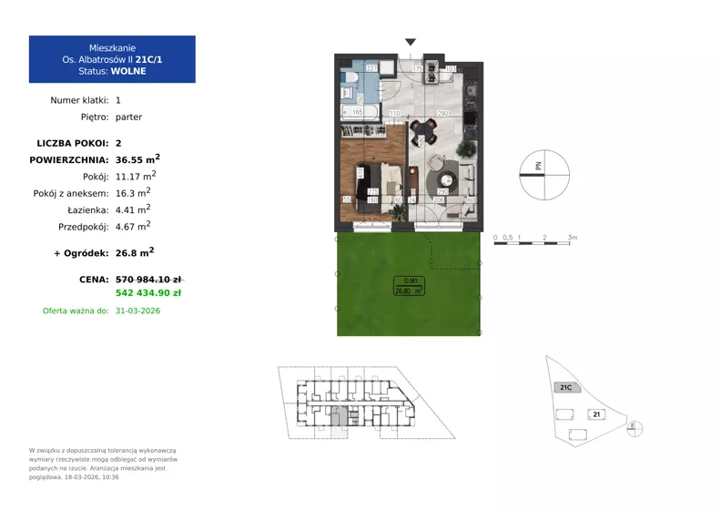 2 pokoje, mieszkanie 36,55 m², parter, oferta nr 21C.1, Osiedle Albatrosów II, Kraków, Podgórze, Rybitwy, ul. Albatrosów 21