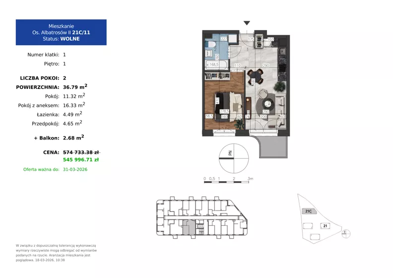 2 pokoje, mieszkanie 36,79 m², piętro 1, oferta nr 21C.11, Osiedle Albatrosów II, Kraków, Podgórze, Rybitwy, ul. Albatrosów 21