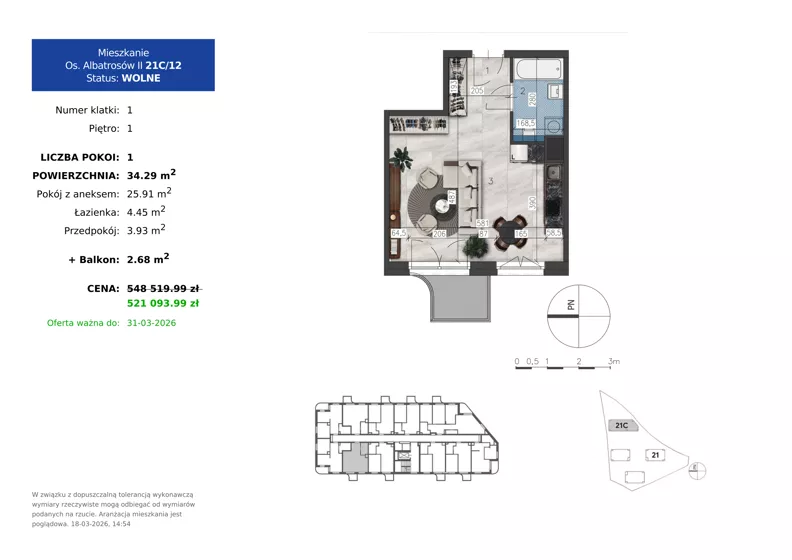 1 pokój, mieszkanie 34,29 m², piętro 1, oferta nr 21C.12, Osiedle Albatrosów II, Kraków, Podgórze, Rybitwy, ul. Albatrosów 21