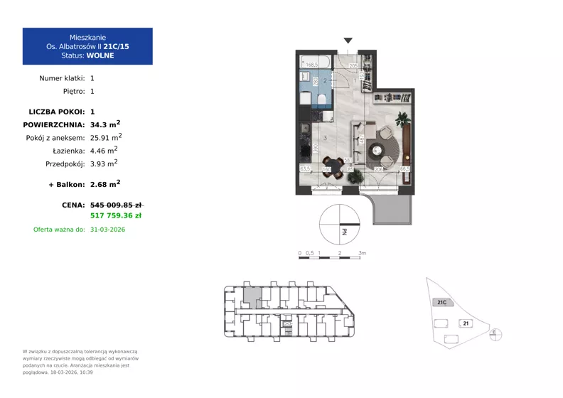 1 pokój, mieszkanie 34,30 m², piętro 1, oferta nr 21C.15, Osiedle Albatrosów II, Kraków, Podgórze, Rybitwy, ul. Albatrosów 21