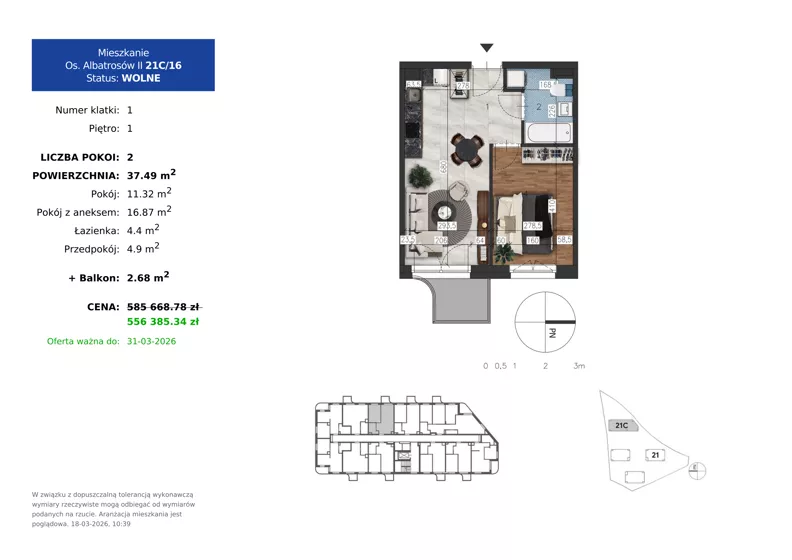 2 pokoje, mieszkanie 37,49 m², piętro 1, oferta nr 21C.16, Osiedle Albatrosów II, Kraków, Podgórze, Rybitwy, ul. Albatrosów 21