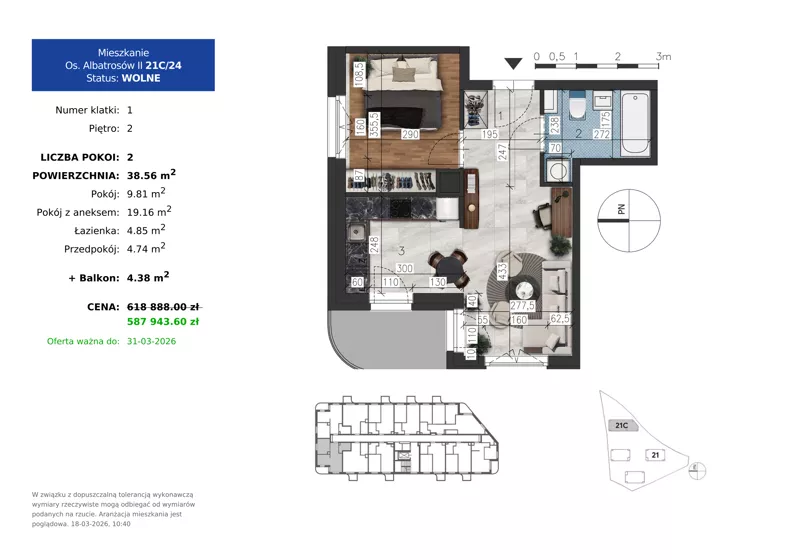 2 pokoje, mieszkanie 38,56 m², piętro 2, oferta nr 21C.24, Osiedle Albatrosów II, Kraków, Podgórze, Rybitwy, ul. Albatrosów 21