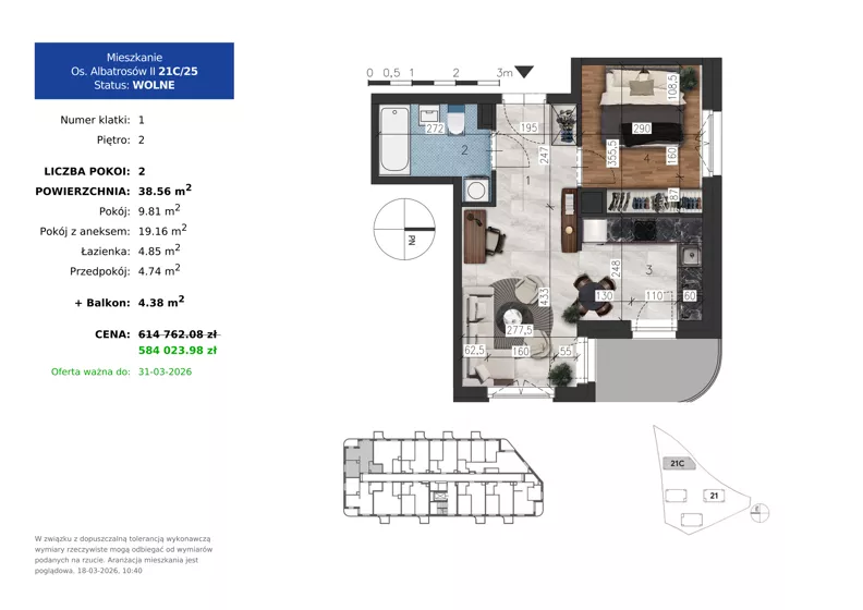 2 pokoje, mieszkanie 38,56 m², piętro 2, oferta nr 21C.25, Osiedle Albatrosów II, Kraków, Podgórze, Rybitwy, ul. Albatrosów 21