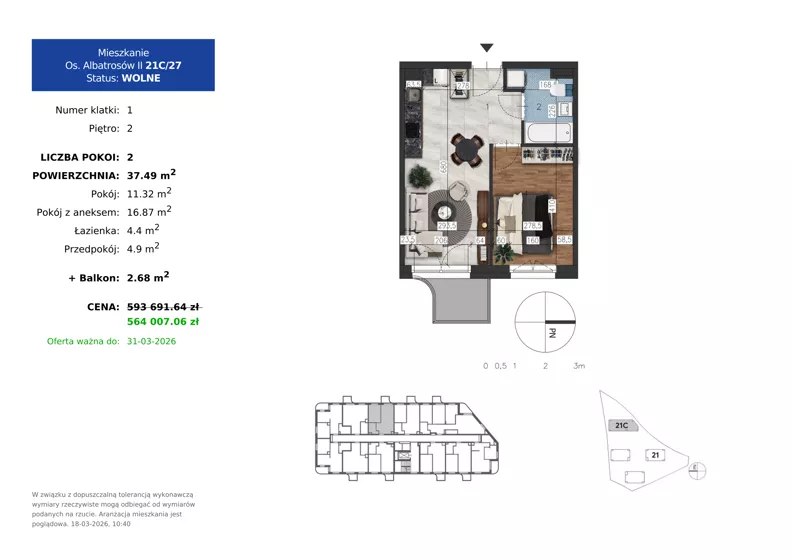2 pokoje, mieszkanie 37,49 m², piętro 2, oferta nr 21C.27, Osiedle Albatrosów II, Kraków, Podgórze, Rybitwy, ul. Albatrosów 21