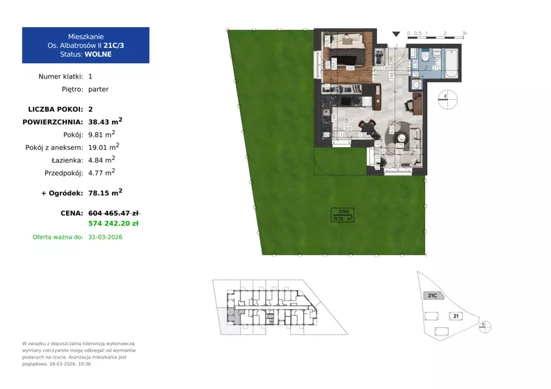 2 pokoje, mieszkanie 38,43 m², parter, oferta nr 21C.3, Osiedle Albatrosów II, Kraków, Podgórze, Rybitwy, ul. Albatrosów 21