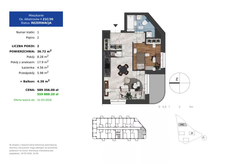 2 pokoje, mieszkanie 36,72 m², piętro 2, oferta nr 21C.30, Osiedle Albatrosów II, Kraków, Podgórze, Rybitwy, ul. Albatrosów 21