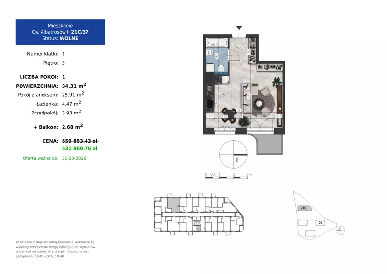 1 pokój, mieszkanie 34,31 m², piętro 3, oferta nr 21C.37, Osiedle Albatrosów II, Kraków, Podgórze, Rybitwy, ul. Albatrosów 21