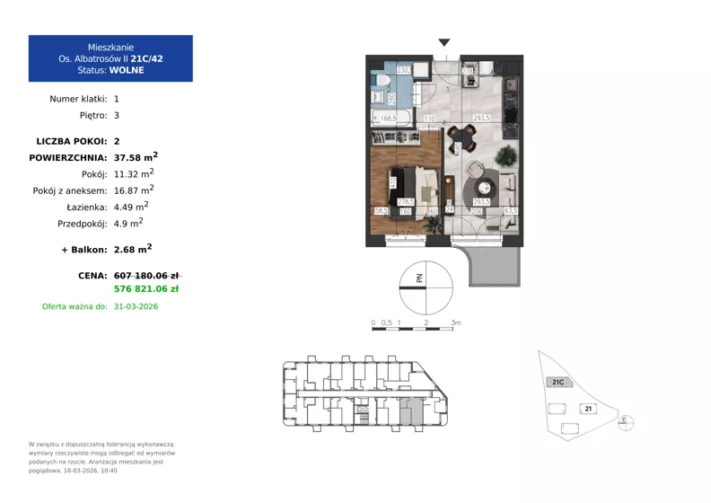2 pokoje, mieszkanie 37,58 m², piętro 3, oferta nr 21C.42, Osiedle Albatrosów II, Kraków, Podgórze, Rybitwy, ul. Albatrosów 21
